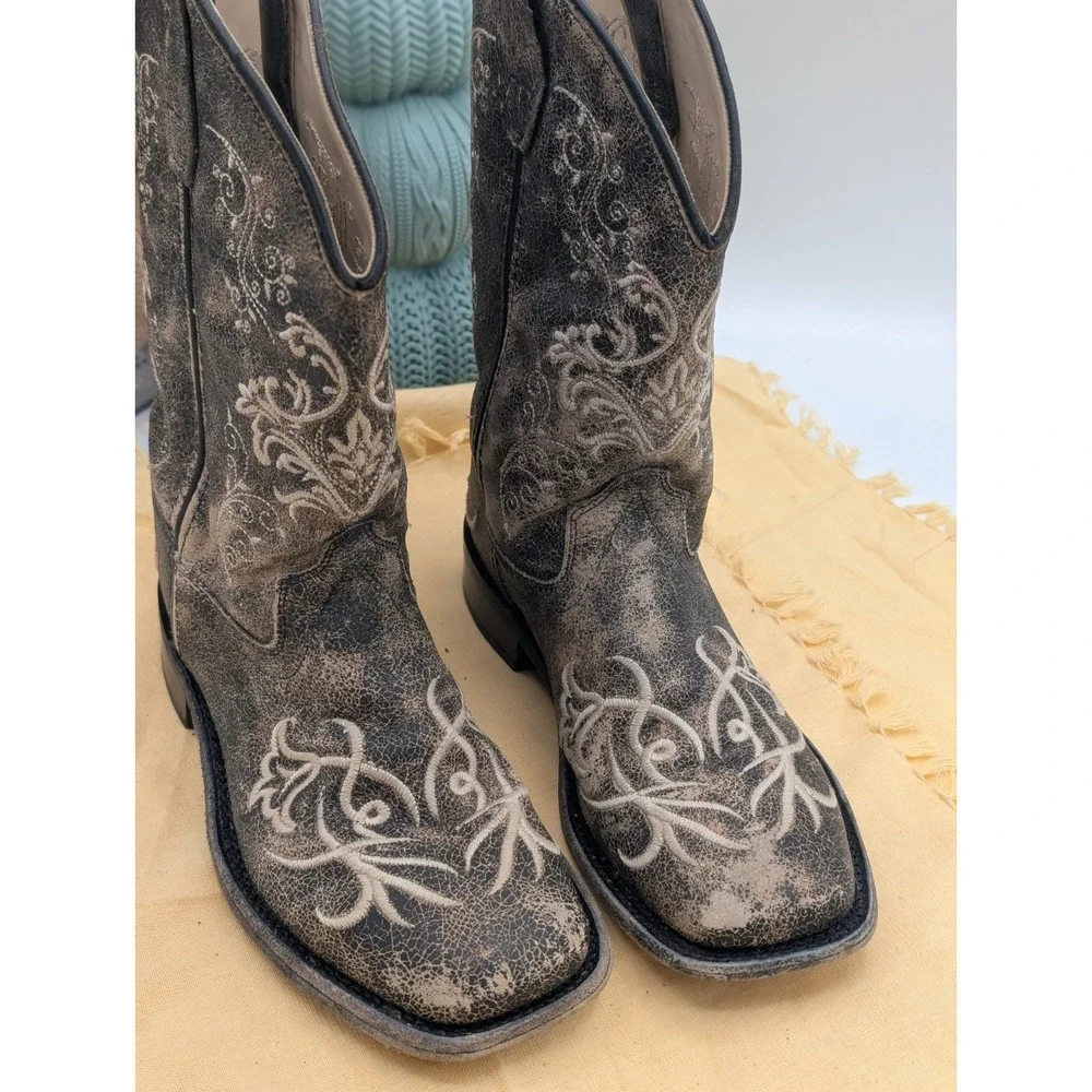 Old West Distressed Charcoal Embroidered Cowboy Boots BSC1825 Coquette Size 2